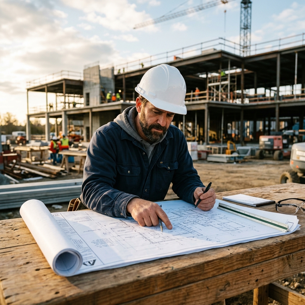Contractor consulting with blueprints